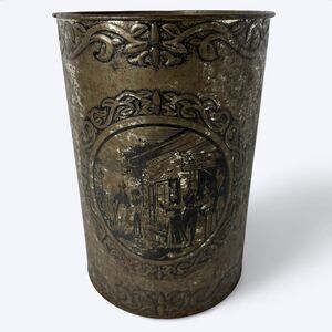 Vtg Metal Trash Can Ye Old Inn Scene Waste Bin‎ Rustic Primitive Patina Tavern